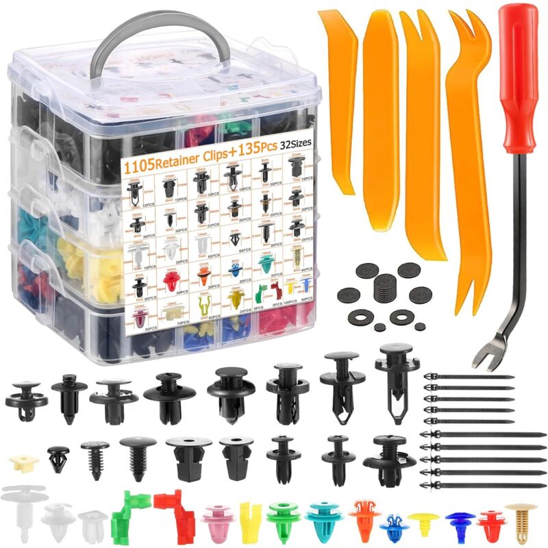 foto del prodotto lablanc 1240 pezzi di clip per auto, 32 clip di fissaggio universali in plastica per rivetti con strumento di rimozione e fascette per cavi per