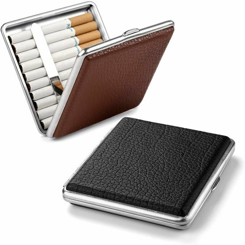 foto del prodotto lablanc 2 x portasigarette in metallo nero pelle pu di alta qualit , elegante portasigarette marrone con applicazione, portasigarette in pelle pu