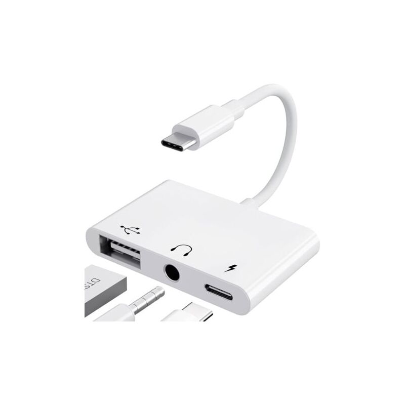 foto del prodotto lablanc adattatore da usb c a jack da 3,5 mm con ricarica rapida otg, splitter audio per auricolari da tipo c ad aux bianco 