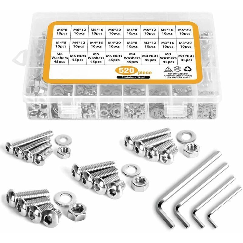 foto del prodotto lablanc assortimento di 520 bulloni a testa esagonale in acciaio inossidabile m3 m4 m5 m6 304 con dadi,