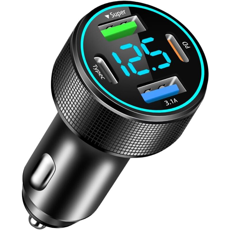 foto del prodotto lablanc caricabatterie auto usb a 4 porte, caricabatterie auto usb da 66 w qc3.0 e pd 30 w con voltmetro a led, compatibile con ios, android e