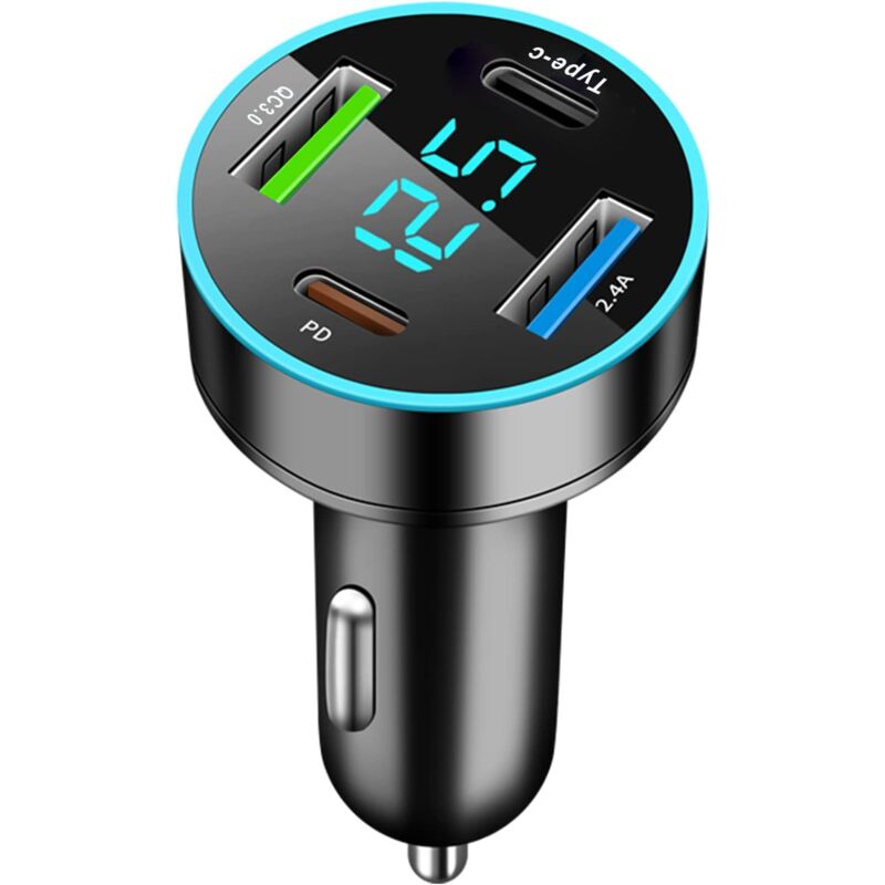 foto del prodotto lablanc caricabatterie auto usb a 4 porte, caricabatterie auto usb rapido dual pd e qc3.0 da 20 w, caricabatterie auto usb con voltmetro a led, nero