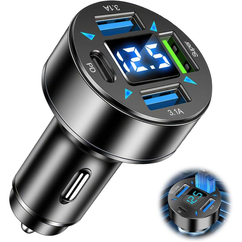 foto del prodotto lablanc caricabatterie da auto usb a 4 porte, usb c pd 66w, presa di ricarica usb qc3.0 con voltmetro a led, compatibile con iphone, android,