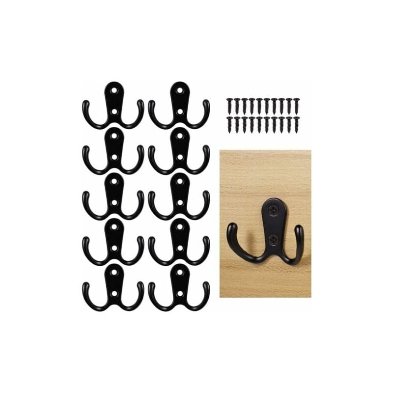 foto del prodotto lablanc confezione da 10 ganci appendiabiti, ganci appendiabiti da parete neri, ganci appendiabiti doppi con viti di montaggio, ganci appendiabiti