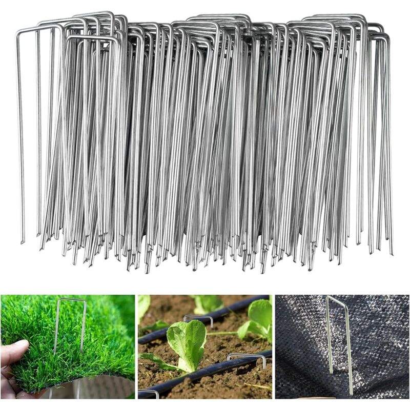foto del prodotto lablanc confezione da 100 picchetti di fissaggio da giardino, 150x35 mm, 2,2 mm, picchetti di fissaggio a forma di u in acciaio zincato per