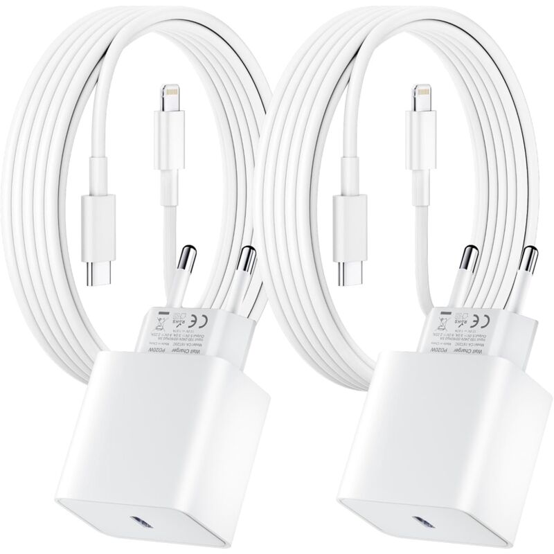 foto del prodotto lablanc confezione da 2 caricabatterie rapidi per iphone, adattatore di alimentazione usb c pd da 20 w con cavo usb c a lightning da 2 m per iphone