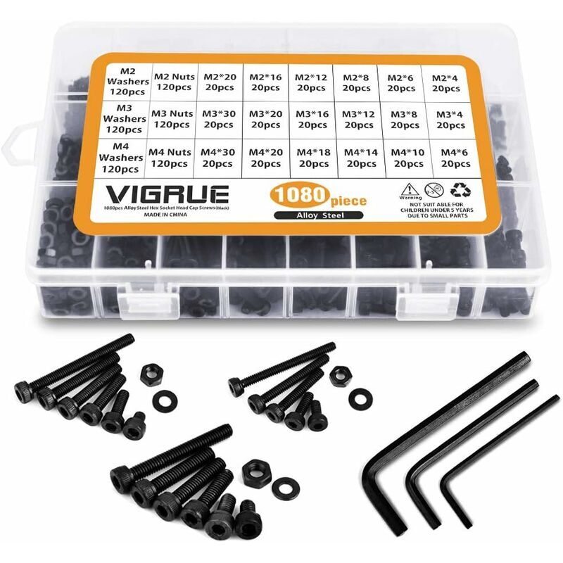 foto del prodotto lablanc kit assortimento di 1080 bulloni, dadi e rondelle in acciaio al carbonio m2, m3 e m4 con scatola di immagazzinaggio piatta 1080 pezzi 