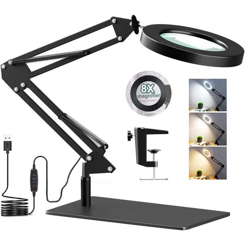 foto del prodotto lablanc lampada da scrivania con lente d ingrandimento 8x e led, lampada d ingrandimento 2 in 1 con base e morsetto, 3 modalit colore, 10 livelli