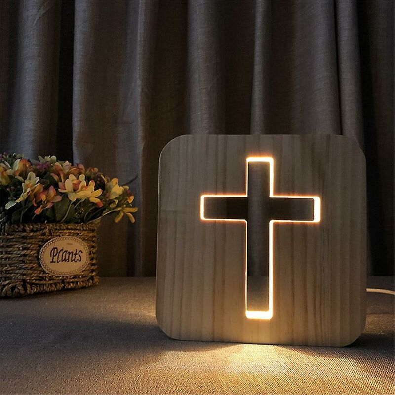 foto del prodotto lablanc luce notturna a led 3d a forma di croce di ges ricaricabile tramite usb, lampada da comodino a forma di croce in legno regalo per le
