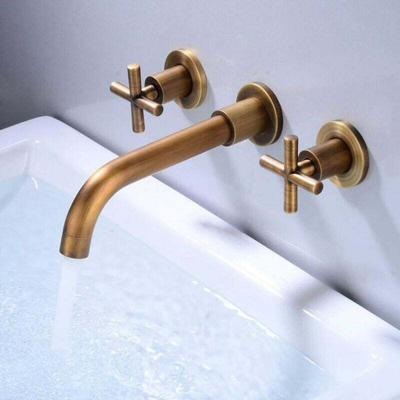 foto del prodotto lablanc miscelatore per lavabo da bagno in ottone nero anticato, doppia maniglia, montaggio a parete, rubinetto per lavabo cromato caldo e freddo,