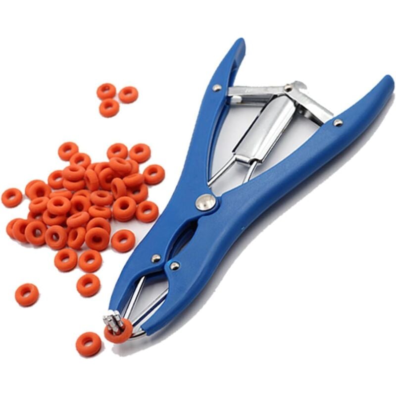foto del prodotto lablanc pinza elastica per castrazione in acciaio inossidabile per bovini, suini, ovini, cintura 100 anelli in gomma 21,5 cm blu