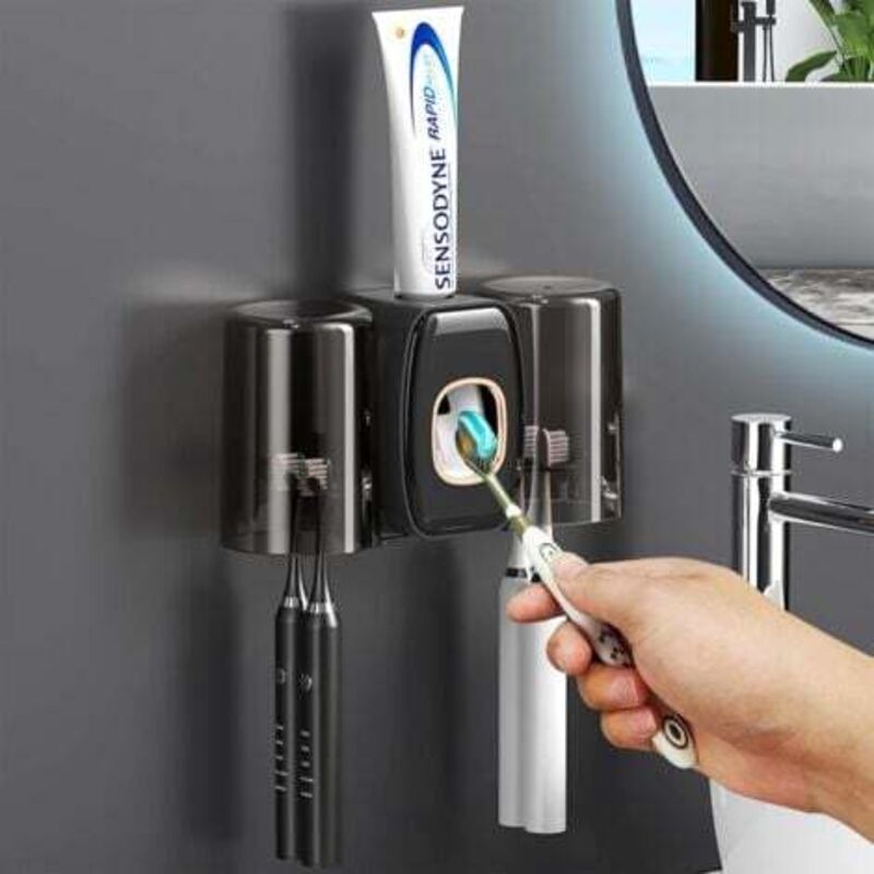 foto del prodotto lablanc portaspazzolino da 2 tazze nero , dispenser di dentifricio a parete con portaspazzolino, spremi dentifricio automatico