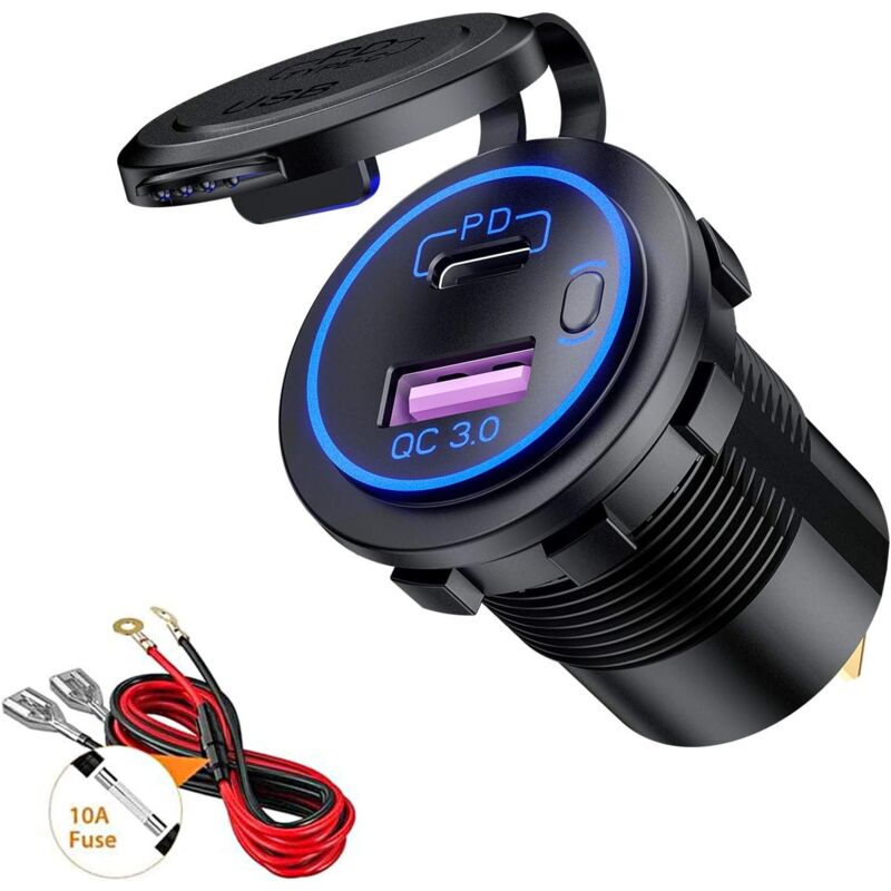 foto del prodotto lablanc presa di ricarica per auto usb qc3.0 e pd type c con interruttore led impermeabile per auto, barche, motociclette, 12 v 24 v, blu