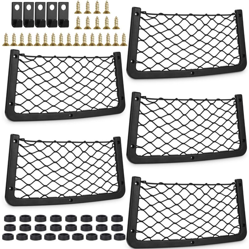 foto del prodotto lablanc rete portaoggetti per auto 5 pezzi, 5 ganci, 25 viti e 25 tappi in plastica, rete portaoggetti per bagagliaio 3618 cm, grande volume,