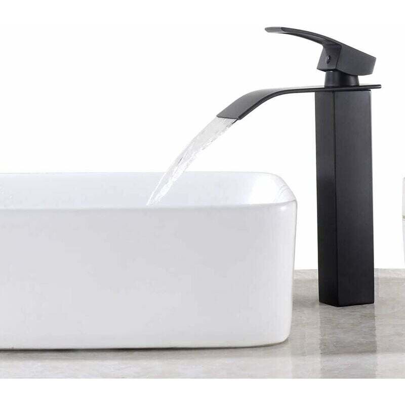 foto del prodotto lablanc rubinetto per lavabo a cascata nero, miscelatore per lavabo da appoggio alto, grande beccuccio quadrato in ottone, acqua calda e fredda
