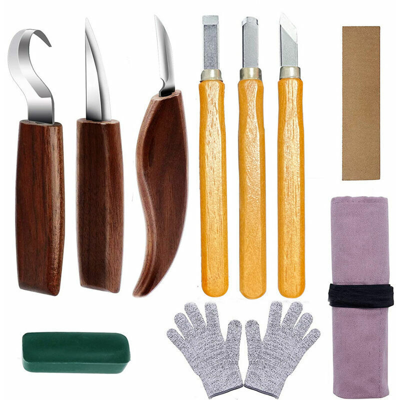 foto del prodotto lablanc set di 12 utensili per intaglio del legno con coltello a uncino, coltello per intaglio del legno, coltello smussato, coltello a cucchiaio