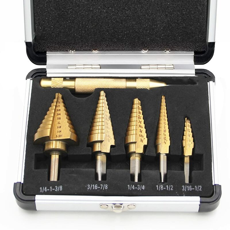 foto del prodotto lablanc set di 6 punte per trapano a gradini hss, grana automatica, rivestimento in titanio con custodia in alluminio, kit di punte per trapano a