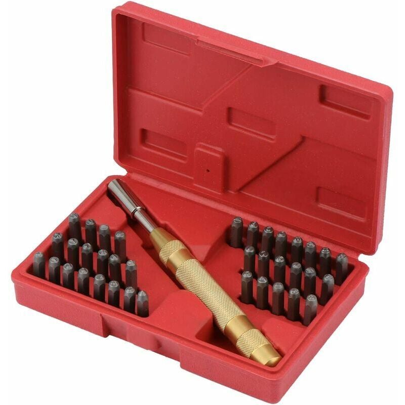 foto del prodotto lablanc set di timbri con lettere, 38 pezzi, punzoni per numeri e lettere con utensile per punzonatura, punzoni automatici da 8 mm per marcare su
