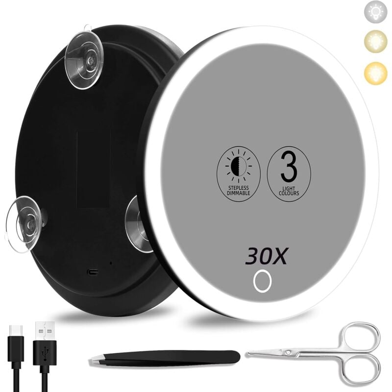 foto del prodotto lablanc specchio ingranditore 30x con luce, grande specchio da 15 cm a 3 colori con illuminazione dimmerabile 30x con 3 ventose, specchio da