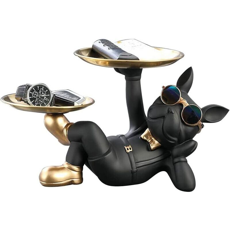 foto del prodotto lablanc statuetta in resina a forma di bulldog francese, decorazione con sfondo antiscivolo e 2 vassoi, decorazione multiuso per portachiavi,