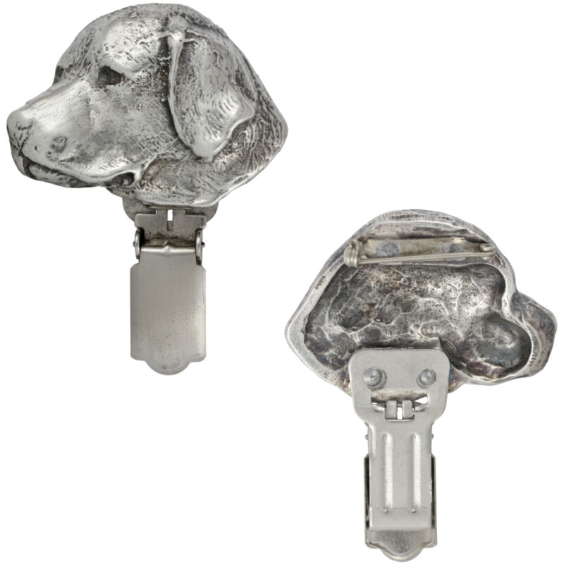 foto del prodotto labrador retriever spilla con clip, porta numero di partenza, distintivo argentato per esposizioni canine di art dog