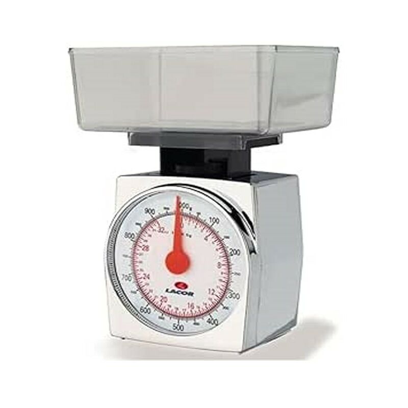 foto del prodotto lacor bilancia da cucina in plastica cromata 1 kg con graduazione 5 grammi, misure 10 x 10 x 10 cm