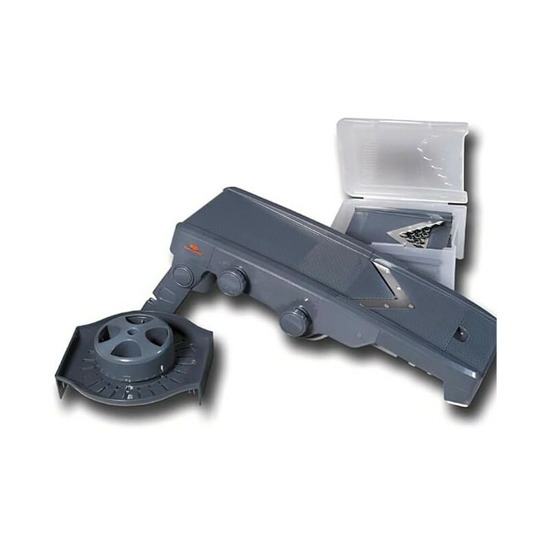 foto del prodotto lacor mandolino con taglio a v con 5 lame e spremiagrumi incluso, colore grigio, misure 34,29 x 15,49 x 12,7 cm