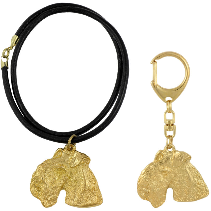 foto del prodotto lakeland terrier - portachiavi e collana con un cane in una scatola, prodotto placcato oro di alta qualità, marchio art-dog