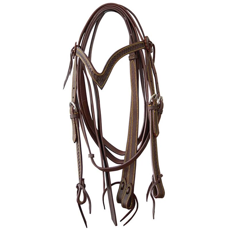 foto del prodotto lakota briglia western a v completa di redini marrone scuro