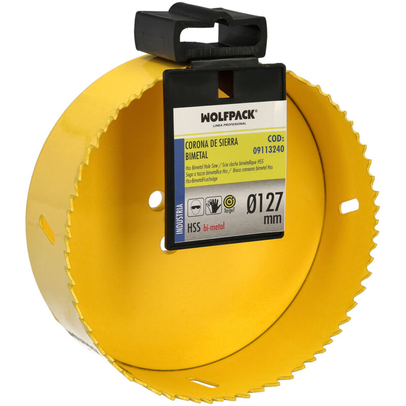 foto del prodotto lama bimetallica 127 mm. temprata termicamente, base rinforzata. corona di legno, fori di legno, acciaio, ferro, plastica