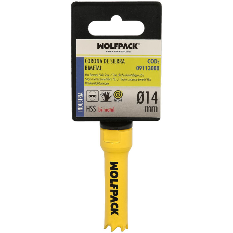 foto del prodotto lama bimetallica 14 mm. temprata termicamente, base rinforzata. corona di legno, fori di legno, acciaio, ferro, plastica