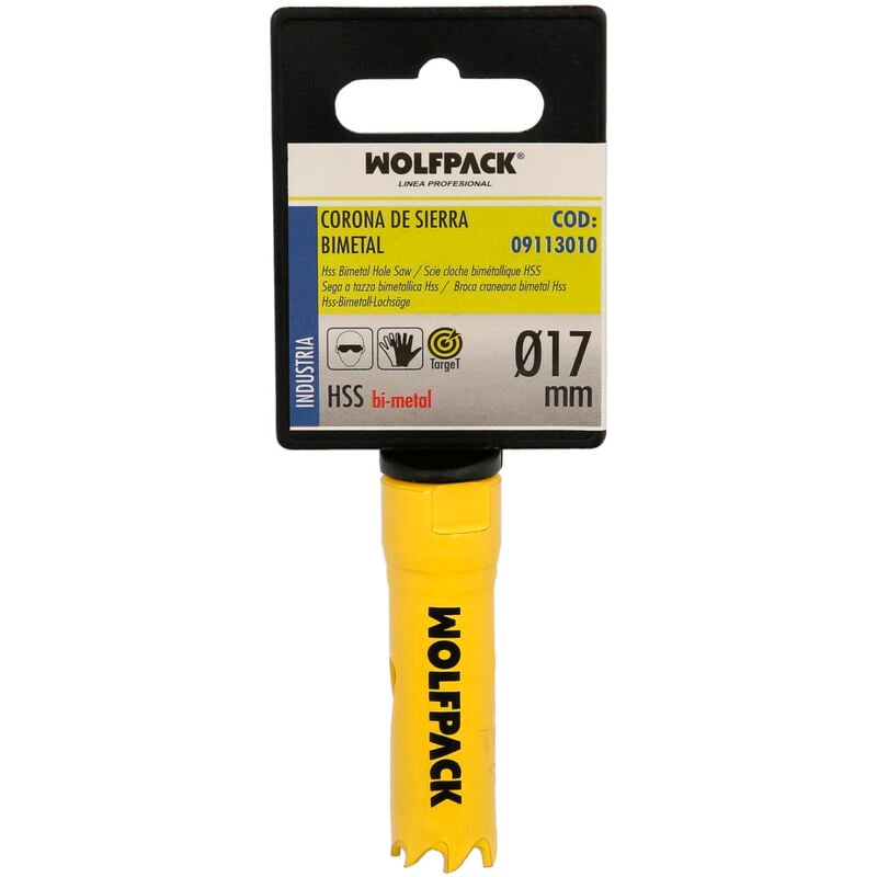 foto del prodotto lama bimetallica 17 mm. temprata termicamente, base rinforzata. corona di legno, fori di legno, acciaio, ferro, plastica