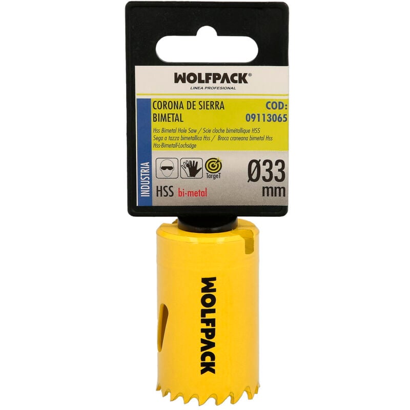 foto del prodotto lama bimetallica 33 mm. temprata termicamente, base rinforzata. corona per legno, fori in legno, acciaio, ferro, plastica, ecc.