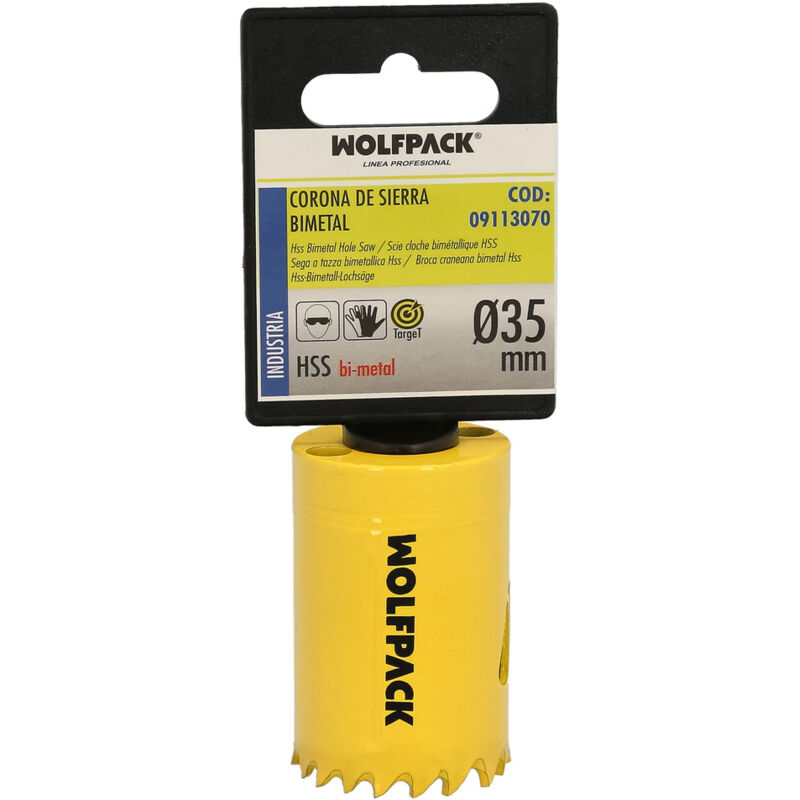 foto del prodotto lama bimetallica 35 mm. temprata termicamente, base rinforzata. corona per legno, fori per legno, acciaio, ferro, plastica
