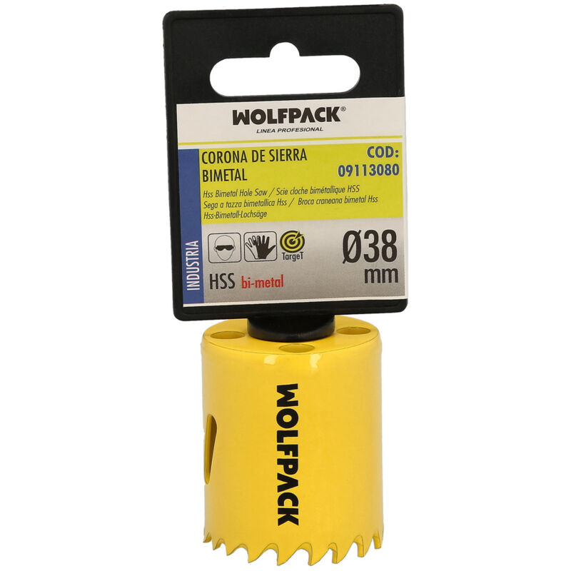 foto del prodotto lama bimetallica 38 mm. temprata termicamente, base rinforzata. corona per legno, punta per fori in legno, acciaio, ferro, plastica, ecc.