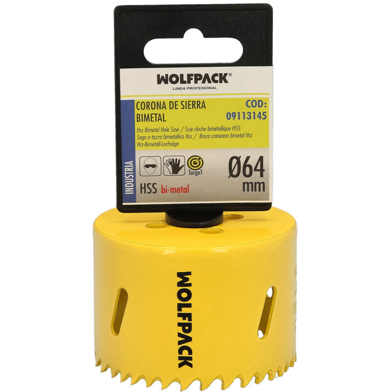 foto del prodotto lama bimetallica 64 mm. temprata termicamente, base rinforzata. corona per legno, punta per fori in legno, acciaio, ferro, plastica, ecc.