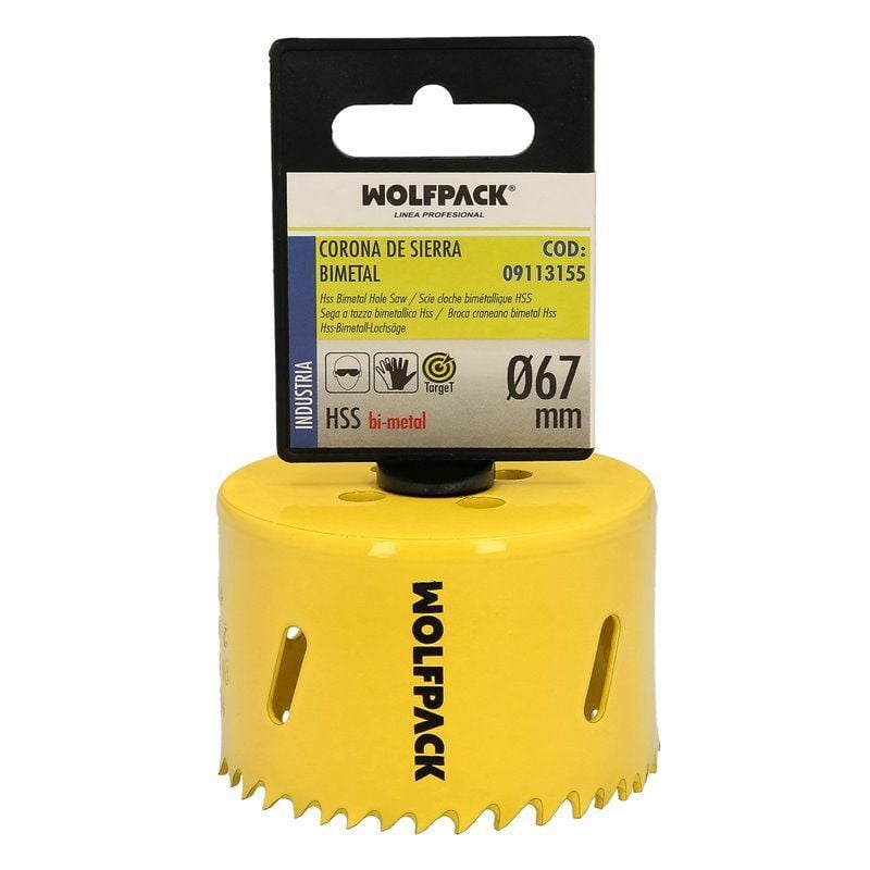 foto del prodotto lama bimetallica 67 mm. temprata termicamente, base rinforzata. corona per legno, fori per legno, acciaio, ferro, plastica ecc.