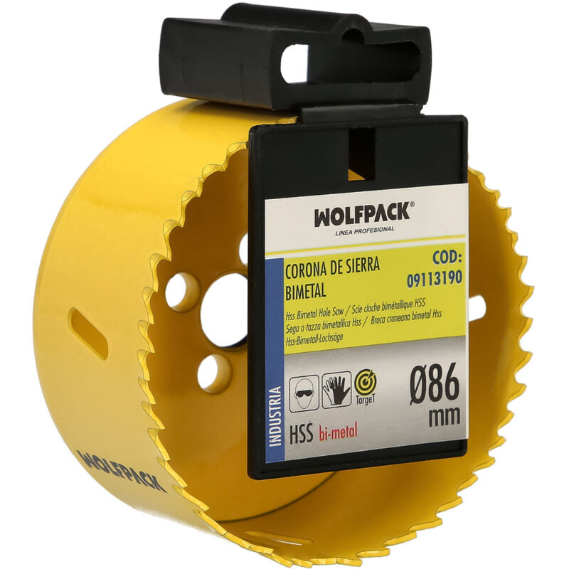 foto del prodotto lama bimetallica 86 mm. temprata termicamente, base rinforzata. corona per legno, fori in legno, acciaio, ferro, plastica, ecc.