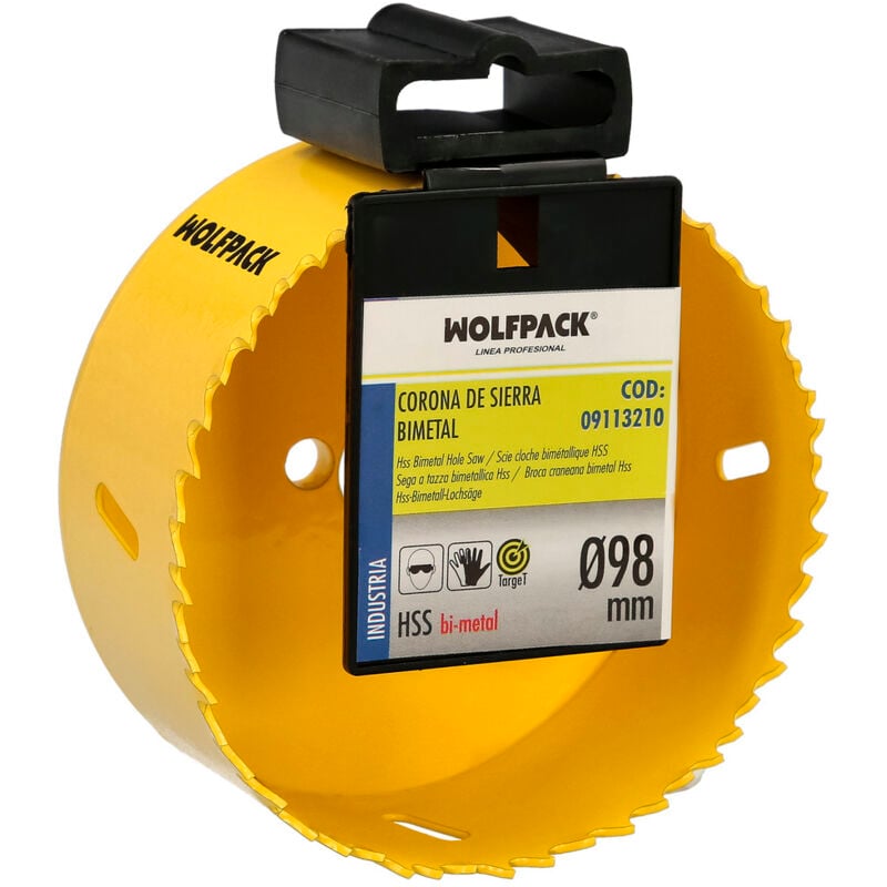 foto del prodotto lama bimetallica 98 mm. temprata termicamente, base rinforzata. corona per legno, fori per legno, acciaio, ferro, plastica