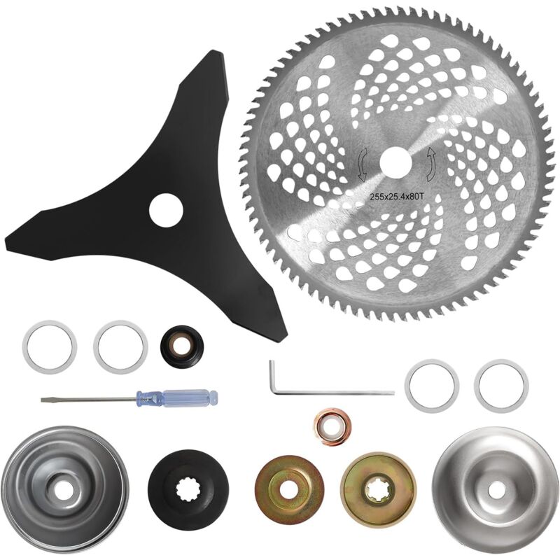 foto del prodotto lama per decespugliatore con punta in carburo, lama per diserbo in acciaio, compatibile con decespugliatori e tosaerba con 2 diversi kit adattatori 