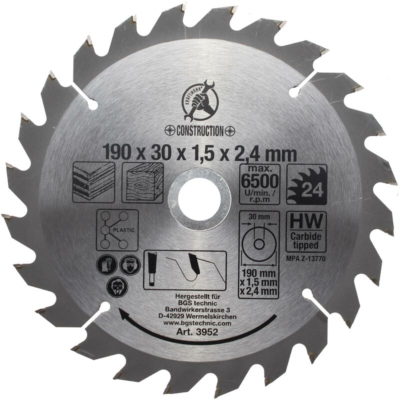 foto del prodotto lama per sega circolare con punte in metallo duro 190 x 30 x 2,5 mm 24 denti