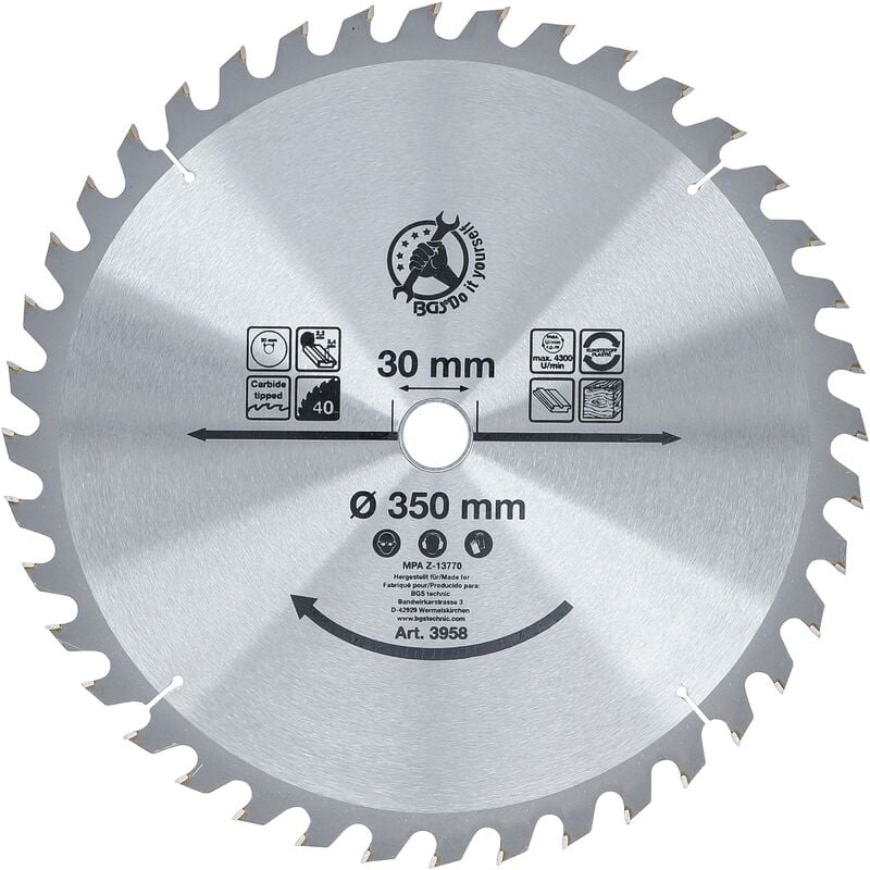 foto del prodotto lama per sega circolare con punte in metallo duro 350 x 30 x 3,4 mm 40 denti