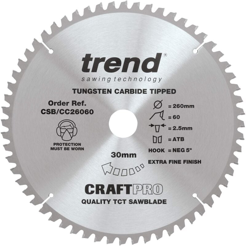 foto del prodotto lama per sega circolare craftpro tct a uncino negativo, diametro 260 mm x 60 denti x foro 30 mm, punta in carburo di tungsteno, csb cc26060 trend