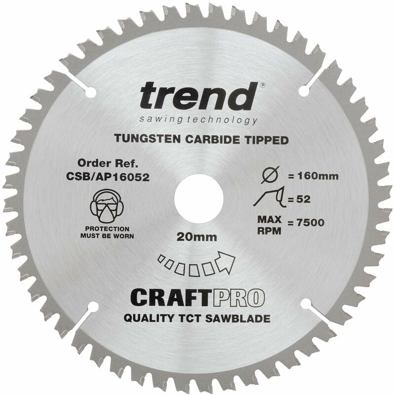 foto del prodotto lama per sega circolare craftpro tct per piano di lavoro in alluminio e plastica, diametro 160 mm x 52 denti x foro 20 mm, punta in carburo di tungsteno, csb/ap16052 - trend
