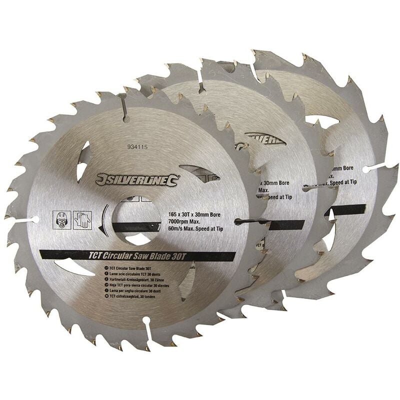 foto del prodotto lama per sega circolare in tct 16, 24, 30 denti 3 p.zi 165 x 30 anelli di riduzione 20,16,10 mm