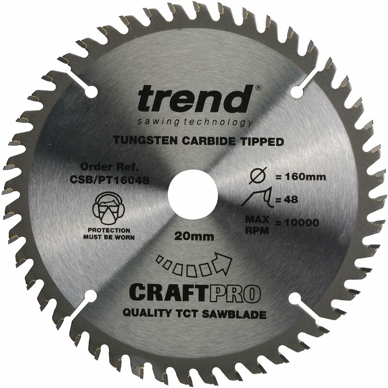foto del prodotto lama per sega craftpro tct, diametro 165 mm x 48 denti x 20 mm kerf 2,0 mm , punta in carburo di tungsteno, csb pt16548 trend