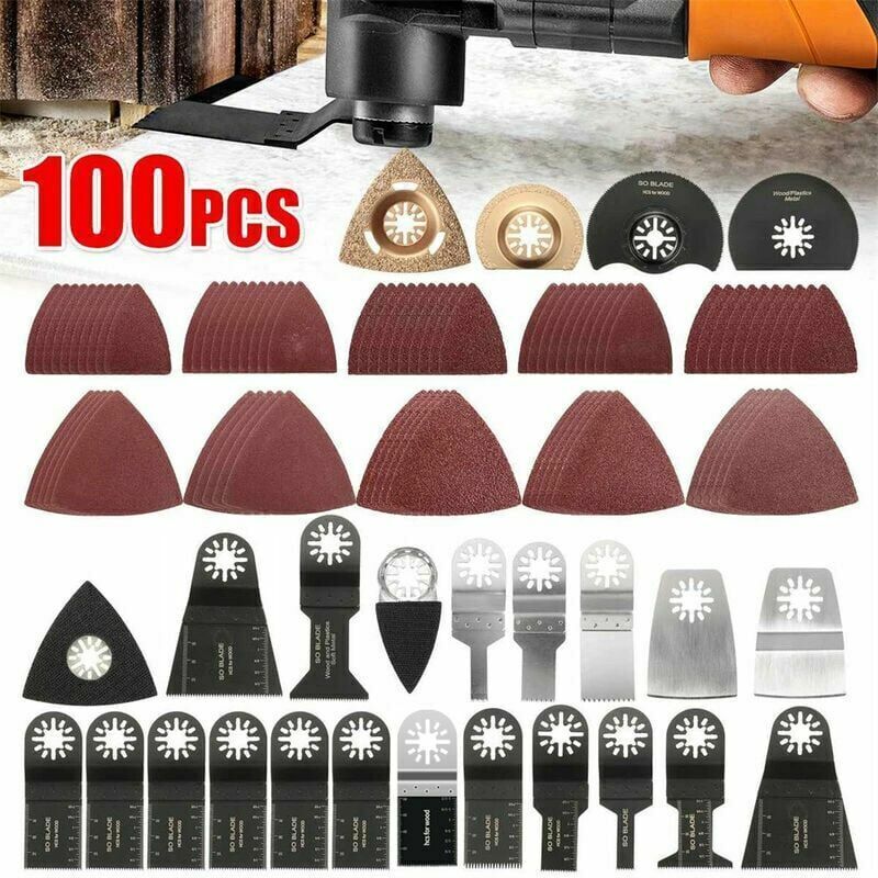 foto del prodotto lama per sega multifunzione oscillante da 100 pezzi, accessori per utensili oscillanti multiutensile per fein multimaster dremel dewalt einhell per