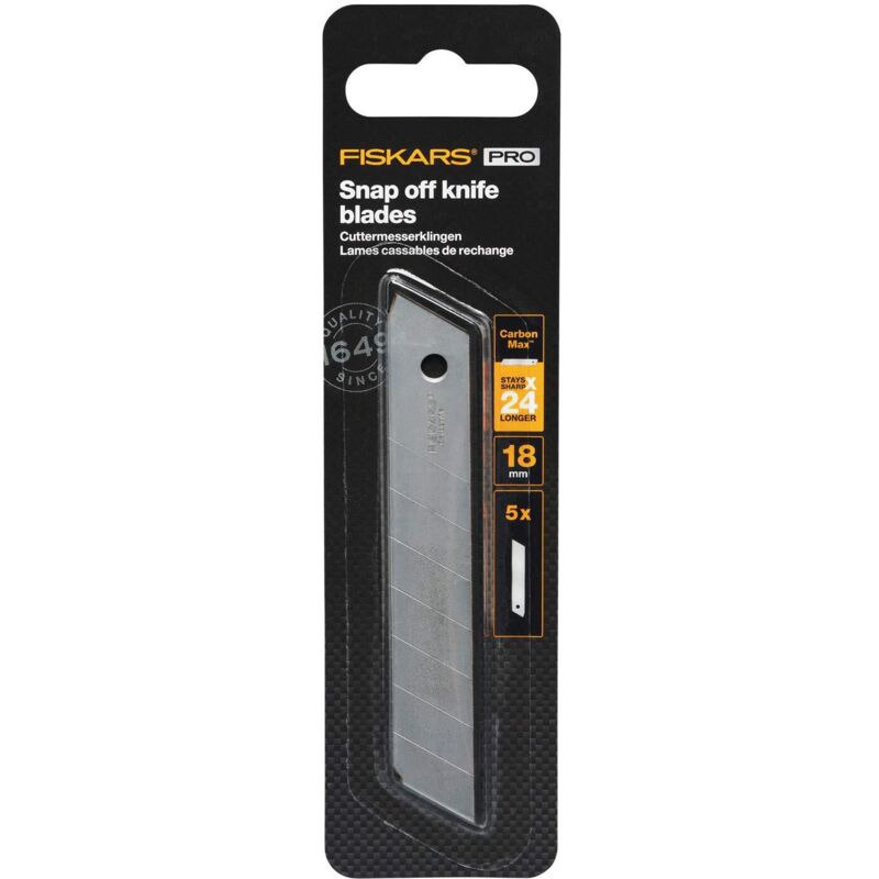 foto del prodotto lame a spezzare, per taglierino 18 mm, acciaio inox, pacco da 5, carbonmax, 1027232 fiskars