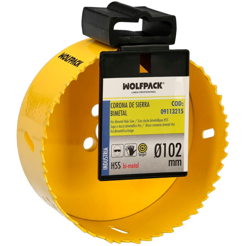 foto del prodotto lame bimetalliche 102 mm. temprate termicamente, base rinforzata. corona per legno, fori per legno, acciaio, ferro, plastica, ecc.
