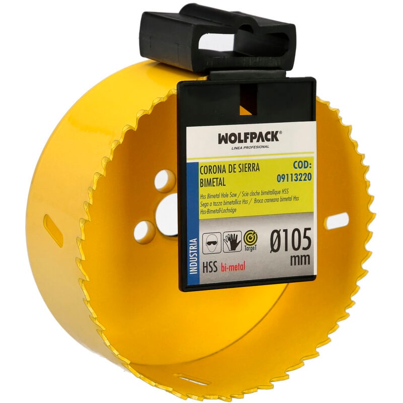 foto del prodotto lame bimetalliche 105 mm. temprate termicamente, base rinforzata. corona per legno, punta per fori in legno, acciaio, ferro, plastica, ecc.